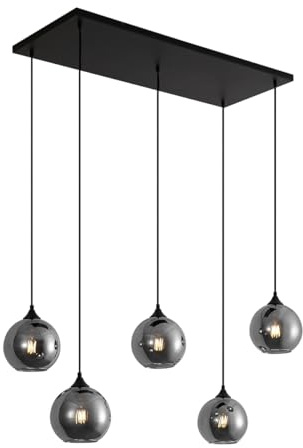 Qazqa Esstisch Art Deco Pendelleuchte, Pendellampe - Wallace - Schwarz mit Rauchglas, Rund, 5-flammig, 110cm, Ideal als Esszimmerlampe, Flur, Küche lampe, Schlafzimmerlampe und Wohnzimmerlampe