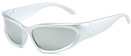 LJCZKA Omslutande solglasögon y2k herr dam - futuristiska ovala solglasögon cykelglasögon sport UV-skydd, Silver silver
