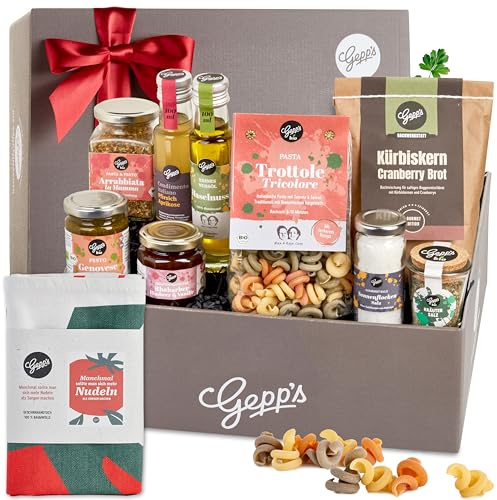 Gepp's Feinkost Geschenkkorb I Mit vielen Delikatessen & Geschirrtuch | Geschenkset I Gourmet-Pesto, Pasta-Gewürz, Brotbackmischung, Bio-Olivenöl & Kräutersalz I Präsentkorb