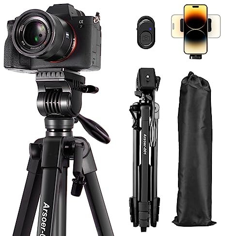 Kamera Stativ, 152 cm Aluminium Handy Stativ für iPhone 16 Pro Canon Nikon Sony mit Fluidkopf, Abnehmbares Ständer für Kamera Mit Drehbarer Telefonhalterung und Fernbedienung und Tasche