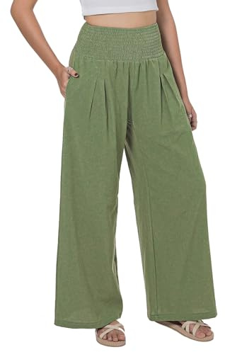Lofbaz Femme Pantalon Large Été en Coton et Lin Fluide Palazzo Plage Taille Haute Bohème Long Pantalon de Salon avec Poches Vert Sauge XL