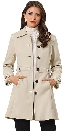 Allegra K Women's Winter Classic Outwear Overcoat with Pockets Single Breasted Pea Coat Medium Beige