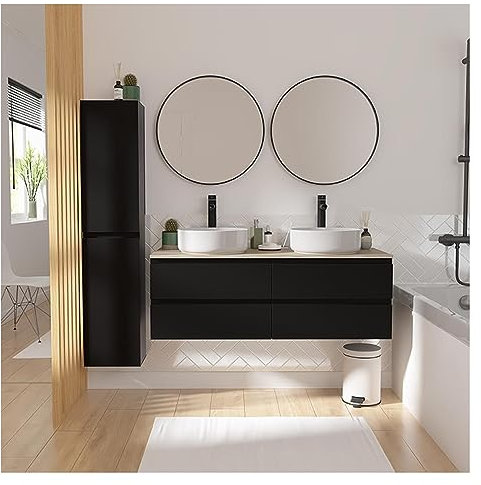 MOB-IN Set mit Doppelwaschbecken, 120 cm, Schwarz / Carbon, 2 Waschbecken + 2 Spiegel + 2 Wasserhähne + Säule Sorrento