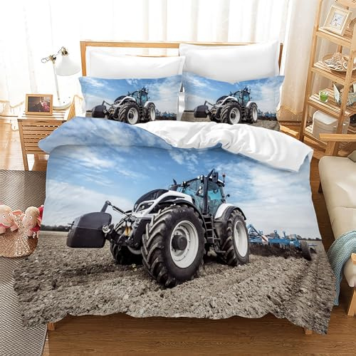 Leleyouzer 3D Traktor Bettwäsche,3-Teilig Traktor Kinder Bettwäsche-Set mit Reißverschluss und 2 Kissenbezug 50x75cm,für Kinder Jugendliche Jungen (T4, 135×200 cm)