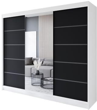 Easy4You R6 250 cm Weiß/Schwarz Schiebetüren Kleiderschrank 250x215x58 cm mit Spiegel - Schlafzimmermöbel, Aufbewahrung - Mehrzweckschrank