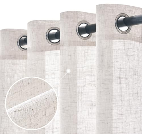 Woaboy Cortinas de Lino Visillo Translúcido Cortinas con Ojales Modernas Decorativas para Salón Ventana Habitación Dormitorio 2 Piezas 140x200 cm Blanco Blanqueado | Tejido efecto lino translucido, visillo decorativo para Salon y Dormitorio, filtra la luz y aporta privacidad.