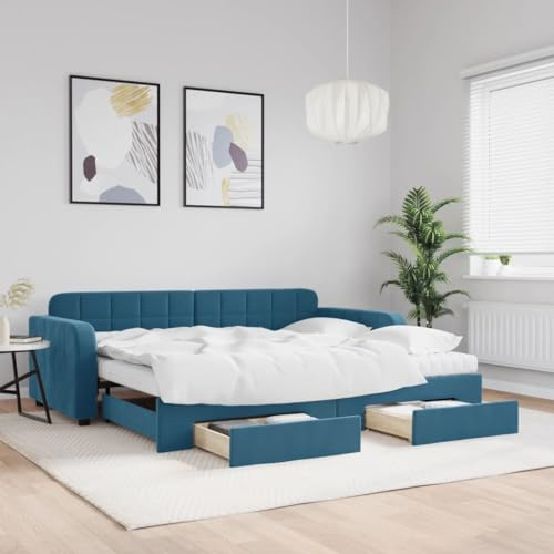 CKioict Palettenbett Modernes Bettgestell Jugendbett Tagesbett Ausziehbar mit Schubladen Blau 90x200 cm SamtGeeignet für Gästezimmer, B&Bs, Schlafzimmer