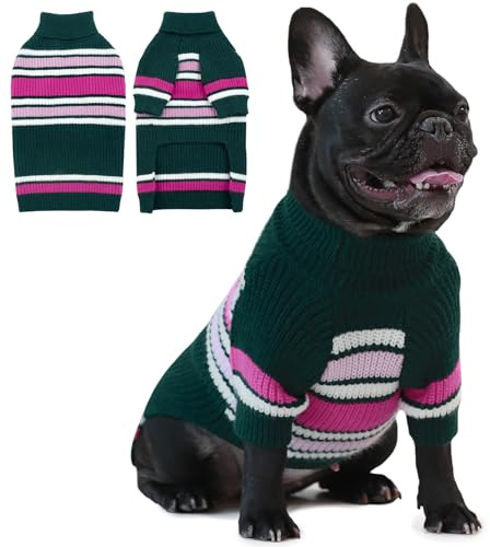 IECOii Hundepullover Große Hunde, Pullover Große Hunde, Weihnachtspullover Warm für Junge Mädchen Strickpullover für Urlaub Gestreifte Große Pullover Französische Bulldogge Boston Terrier Grün-L