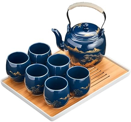YoeEoay Japanisches Teeservice Aus Keramik Chinesisches Teeset Mit Teekanne Und Tassen - Japanische Teekanne Mit Sieb - Hitzebeständiger Griff Aus Gusseisen Und Juteseil - Asiatisches Set