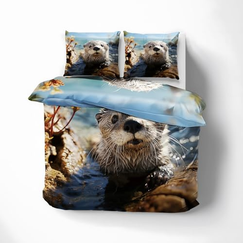 WQIZXCW Otter Bettwäsche 135x200 - Süße Tiere Motiv, Weiche und Angenehme Microfaser Bettbezug Set 2 Teilig, 1 Kissenbezug 80x80, mit Reißverschluss, Wendebettwäsche & Zimmer Deko