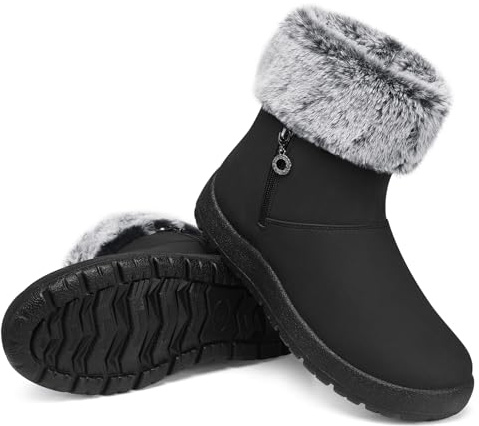 TEMOFON Winter Snow Boots for Women: Waterproof Fur Lined Ankle Booties - Warm Slip on Woman Shoes Black Size 8