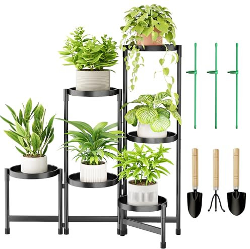 Cawukege 6 Etagen Pflanzenständer Innen, gestufter Pflanzenständer im Freien für mehrere Pflanzen, Eckpflanzenregal für Terrasse, Balkon, Veranda, Garten, Wohnzimmer, Haus, Schwarz