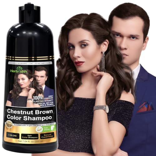 Herbishh Chestnut Brown Shampoo, Hair Dye Shampoo 3 in 1, 100% Grey Coverage, Demi-Permanent Hair Color for Men & Women, Long-lasting Color in 20-25 Mins, Ammonia-free, 200 ml