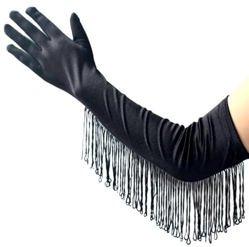 krautwear Damen Ellenbogenlange Satin Abendhandschuhe Handschuhe Mit Fransen (49 cm) (1 Paar schwarz, One Size)