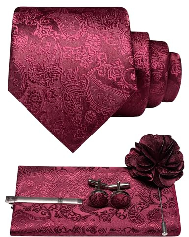 JEMYGINS Paisley-slips för män med näsduk slipsklämma blombrosch och manschettknappar set, Bourgogne röd botten, M