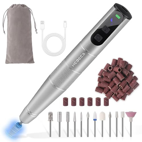 HEBECA Electric Nail Drill Professional - Electric Nail Files for Acrylic and Gel Nails 20000rpm - 12 in 1 Nail Drill Machine Manicure Pedicure Set Adjustable Speed E File Kit (Gold) (Gray)