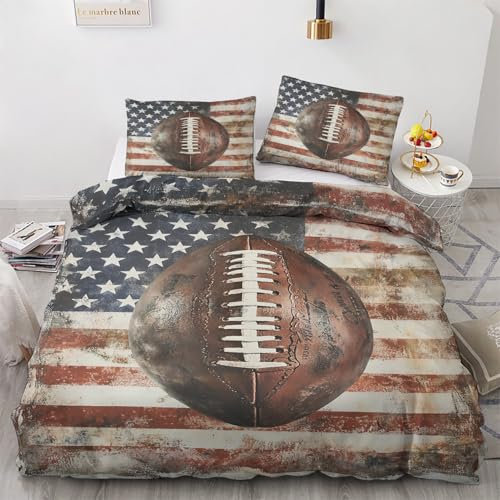 Housse de Couette 200x200 Football Américain - Decoration Football Américain, Parure de Lit 2 Personnes Drapeau Américain Rugby, Linge de Lit avec Fermeture éclair, 2 Taies d'oreiller 65x65 cm N*&76