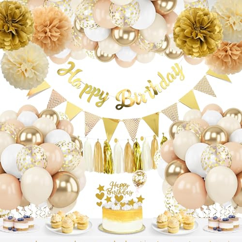 UDRKFOPK Geburtstagsdeko Frau/Mann, Beige & Gold Luftballons, Party Deko Set mit Banner, Flagge, Pom Poms, Kuchen Topper & Ballon Kette für Geburtstage