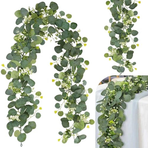 VISLANTE 2 Stück Eukalyptus Girlande, Künstliche Eukalyptus Deko 180cm Grüne Blätter Girlande Weiße Blumen Künstliche Pflanze Hängepflanzen für Hochzeit Garten Party Home Tischdeko