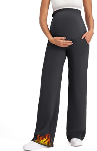 G4Free Fleece Lined Maternity Trousers Womens Yoga Pants Over Bump Wide Leg Stretchy Work Pregnancy Joggers Maternity Clothes(Black,S,Tall)