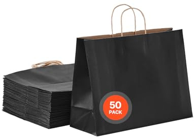 VEVOR Kraftpapperspåsar med handtag 406 x 152 x 308 mm, stora shoppingpapperspåsar, för födelsedagar, bröllop, affärer, godis, hantverk, shoppingpapperspåsar, svart, 50 stycken