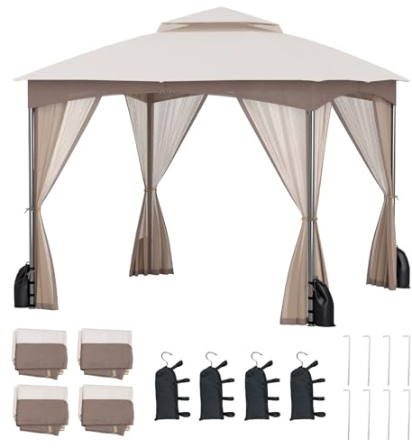 COSTWAY Carpas para Exteriores 3 x 3m, 4 Mosquiteras Laterales (café)