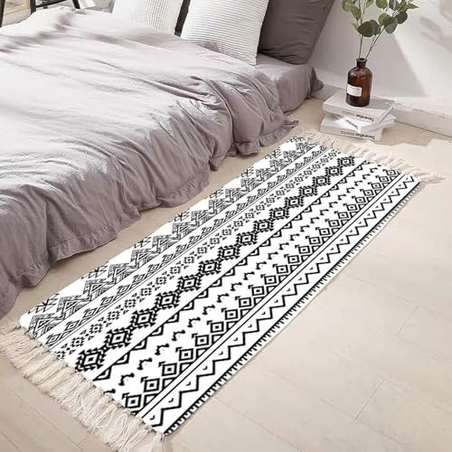 Homxi Bodenmatte Outdoor Rechteckig 50 x 80 cm, Teppiche Küche Baumwolle Leinen, Geometrisch Muster mit Quasten, Teppich Schwarz Weiß Outdoor