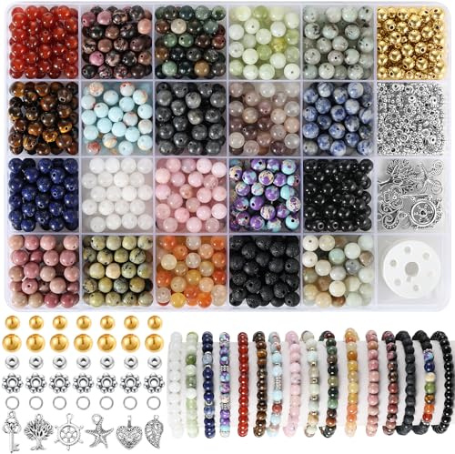 Zefy 996 Stück 6mm Natürliche Edelstein Perlen, 20 Farben Runde Perlen | Natürliche Amazonit Perlen für Armbänder, Perle Set zum Auffädeln Armbänder Selber Machen für Basteln Schmuckherstellung