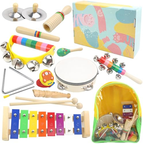 Trämusikinstrument för barn från 1 år, Montessori-leksak, regnbågsfärgad babymusikinstrument med genomskinlig förvaringsväska