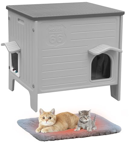 Deblue Cat House Outdoor with Cat Mat Weatherpoof Plastic Cats Houses with Escape Door Indoor Waterproof Feral/Pet Cat Shelter Outside for Puppy, Rabbit(Grey)