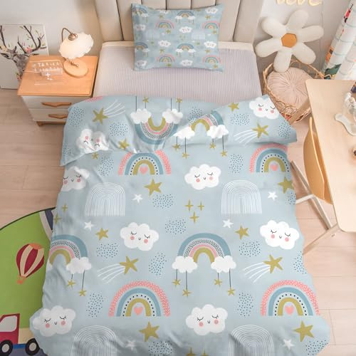 Linfye Housse de Couette 120x150 cm Enfant Étoiles Arc-en-Ciel - Parure de Lit 1 Personne Nuages Mignons avec Taie d'oreiller 40x60, Sets de Housse Couette en Microfibre Ensemble de Literie - Gris