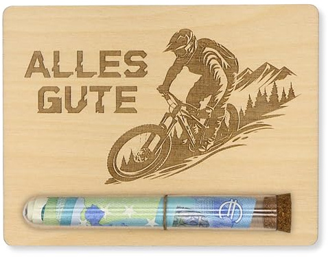 ZUKLA Verpackung Geldgeschenk Fahrrad MTB - 13 x 10 cm - mit Reagenzglas - Fahrrad Geschenk - Geldgeschenk Verpackung Holz - Geschenkgutschein Geburtstag für Radfahrer