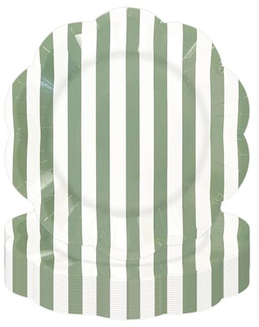 DHAIQC 50 Pcs Green Striped Paper Plates 7-Inch, Disposable Scalloped Party Plates Blueand White Cake Dessert Dinner Plate for Picnic Happy Birthday Wedding Party Supplies (Green)