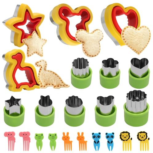 Sandwich Cutters for Children, 22 Pack Cookie Cutters for Kids, Cute Bento Lunch Box Mold Supplies, Stainless Steel Vegetable Fruit Shape Cutter with 10 Fruit Animal Picks for Kid Baking Tools