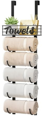 JF HOME BLISS Over Door Towel Rack Towel Storage Rack Wall Mounted with Metal Shelf Basket Space-Saving Bathroom Towel Holder & Organizer for Small Bathroom RV Camper and Home Décor (Black 6-Tier)