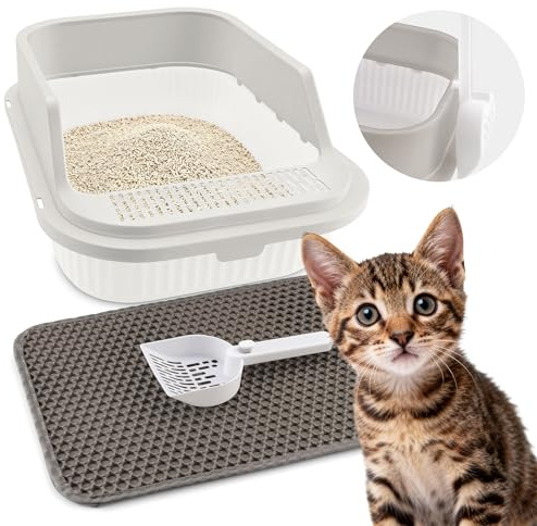 Foymlon Lettiera Gatto Piccoli, Kit di Vassoio per Lettiera per Gatti con Pala e Tappeto, Paletta Gatto è Progettata con una Recinzione Più Alta per Prevenire Gli Spruzzi e Essere Facile da Pulire