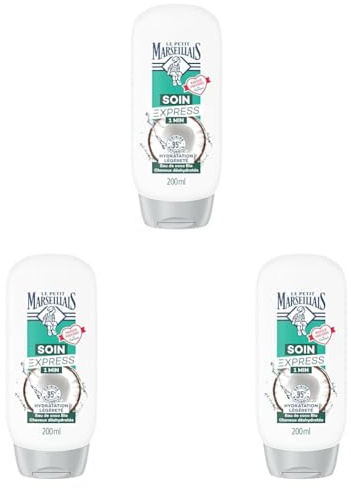 Le Petit Marseillais | Soin Express 1 Min Hydratation Légèreté Eau de Coco Bio (flacon de 200 ml) – Après-shampooing pour cheveux déshydratés – 95% d'ingrédients d'origine naturelle (Lot de 3)