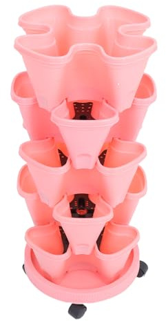 OFFSCH Tour à Fleurs Empilable en Plastique Rose 5 Pots Quatre Pétales 1 Pot Simple Jardinière Verticale Multifonction pour Fraisiers Herbes Aromatiques et Balcon Extérieur 73 CM