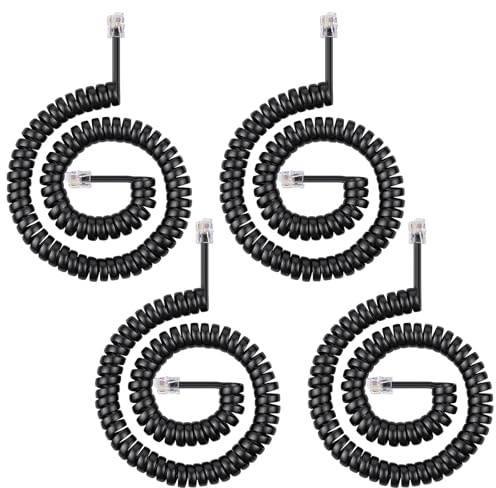 AOOSU Cable Telefónico en Espiral, 4 PCS Cable para Auricular Telefono, 4 Hilos 4P4C RJ10/RJ9/RJ22 Cable Telefónico 3 Metros, Adecuado para el Hogar y Oficina (Negro)