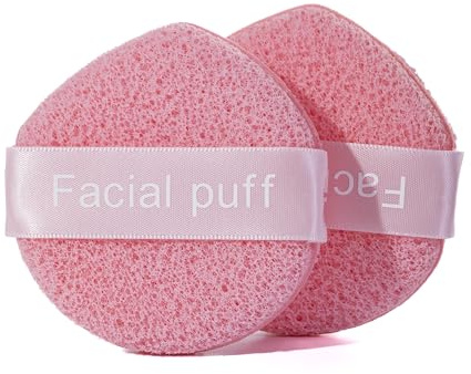 Larminly Spugnette Viso Struccanti Rimozione Make Up Trucco Detersione Quotidiana Delicata Pulizia Viso Set da 2 con Fascia in Raso Per Tutti i Tipi di Pelle (color rosa)
