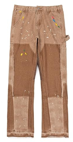 Genérico Jeans Hombre Estilo Carpenter con Patchwork Corte Recto Efecto Paint Splatter Pantalón Vaquero Streetwear-color1||l