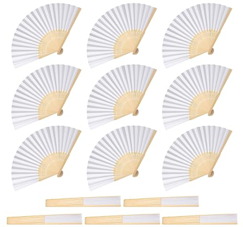 TranRantic 14 Stück Fächer Hochzeit, Handfächer Weiß für Gastgeschenk | Hochzeit Papierfächer DIY Faltfächer, 21cm Bambusfächer für Hochzeiten, Party DIY Geschenke Wand Deko Fotografie-Requisiten