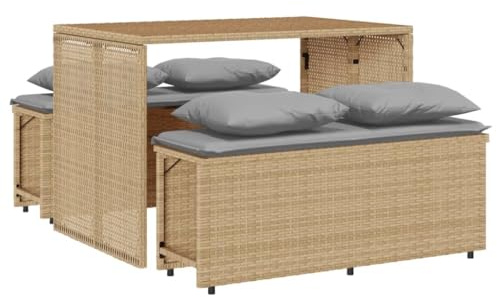 GeenYuu 3-TLG Garten-Essgruppe mit Kissen Beige Poly Rattan, wetterfestes Garten Möbel Set mit pulverbeschichtetem Stahlrahmen, Sitzgruppe für Balkon, Terrasse und Outdoor, inklusive Bank, Tisch