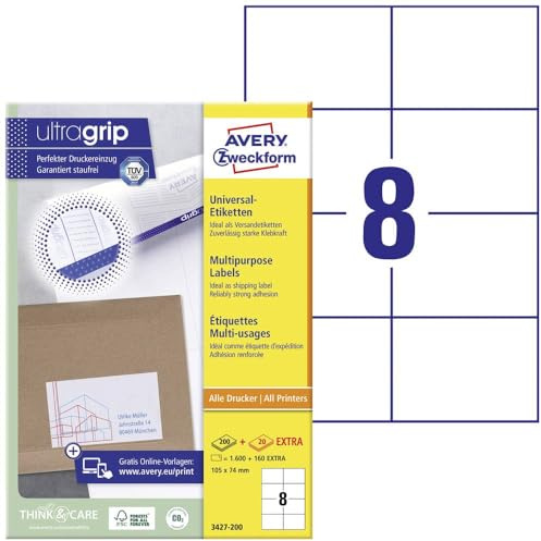 AVERY Zweckform 3427-200 Universal Etiketten (1.600 plus 160 Klebeetiketten extra, 105x74mm auf A4, bedruckbare Versandetiketten, selbstklebende Versandaufkleber mit ultragrip) 220 Blatt, weiß