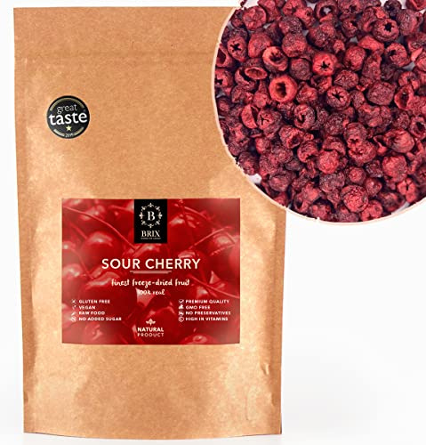 BRIX Cerezas Agrias Liofilizadas | Cereza Ácida Entera Deshidratada Guindas 100% Natural 105g | Premio Gran Sabor de Frutas Deshidratadas | Sin OGM ni Gluten, Vegano y Retenido de Vitaminas