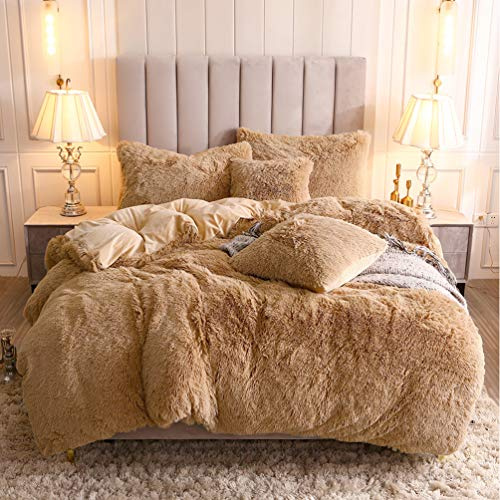 Uhamho Faux Fur Velvet Fluffy Bedding Duvet Cover Set Down Comforter Quilt Cover with Pillow Sham, Ultra Soft Warm (Twin, Camel)