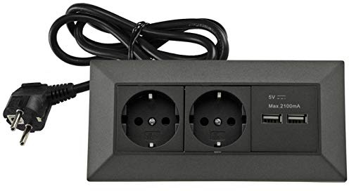 ChiliTec Steckdosenblock Ecksteckdose 2-Fach mit 2 USB A 1,5m Kabel Vormontiert 230V Wand Aufbau & Eck-Montage Mehrfach Steckdose für Arbeitsplatte Küche Werkstatt Anthrazit