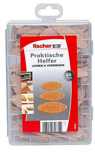 fischer Praktische Helfer Leimen & Verbinden, Sortimentbox mit 85 Flachdübeln, Set für sichere Verbindungen von Massivholz, Holzwerkstoffen & Plattenmaterialien