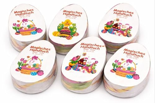 KAMACA 6er Set Zauberhandtücher Ostern aus 100% Baumwolle – Magische Handtücher flach gepresst in Eiform – Entfaltet 30x30 cm – Kleine Ostergeschenke & Mitgebsel für Jungen & Mädchen