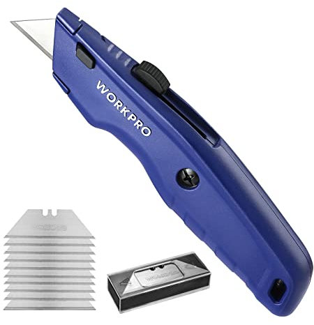 WORKPRO Premium Teppichmesser, Einziehbarer Universalmesser aus Vollmetall, Strapazierfähiger Cuttermesser mit Schnellwechselklinge, mit 10 zusätzlichen Klingen, Blau
